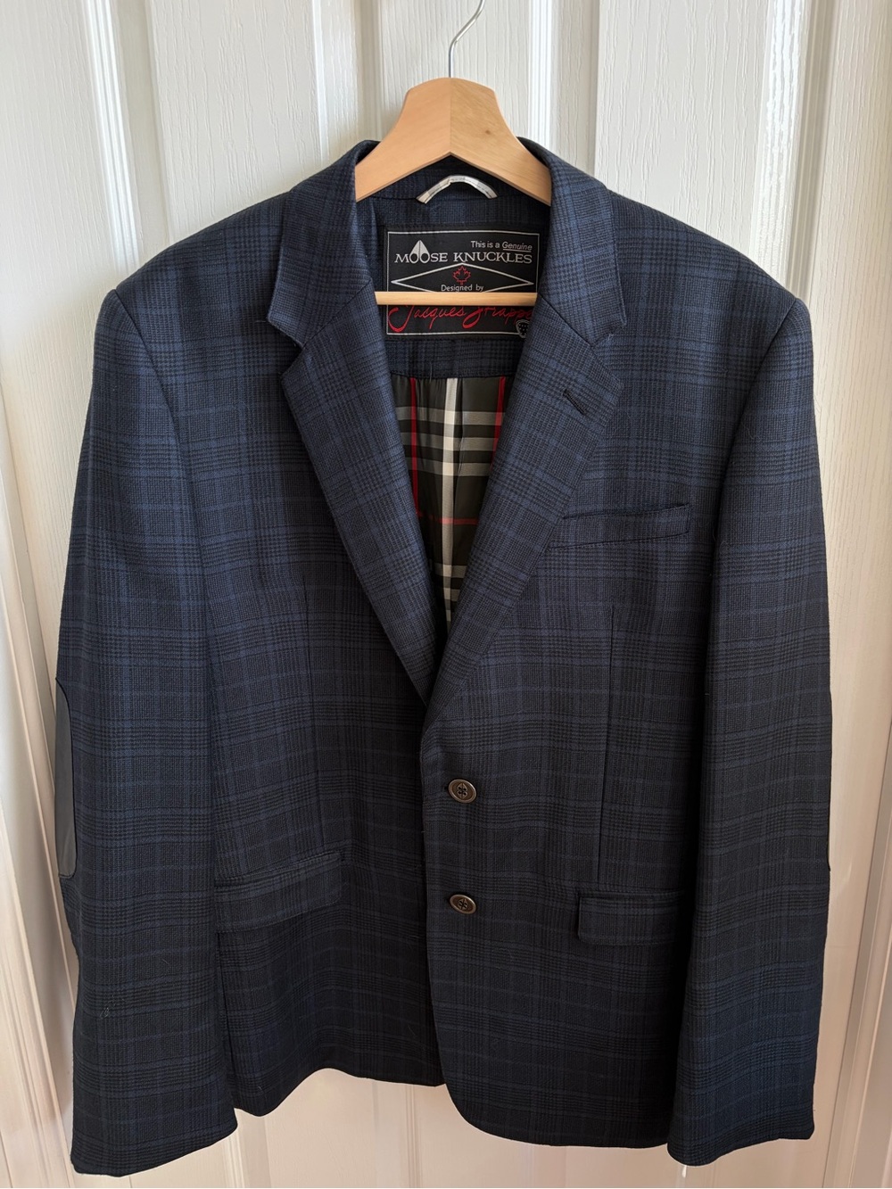 Moose Knuckles x Jacques Strappe Men's Wool Dark Navy Plaid Sport Coat - Size M